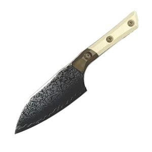 Microtech Santoku 4.2" Ivory G10/Ti Bronze San Mai Damascus Proof Run